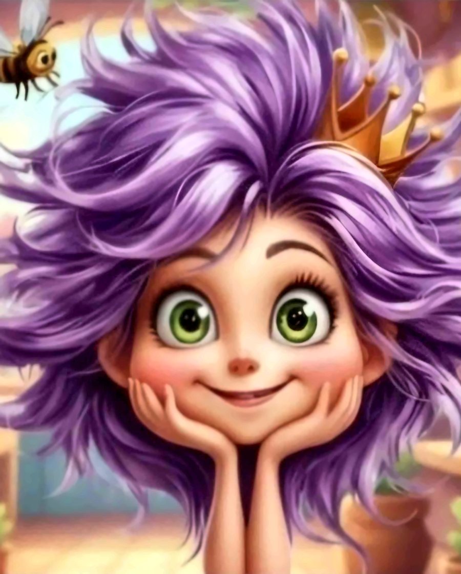 The Krazy Good Fixins' logo: a smiling girl with wild purple hair and a little gold crown, chin in her hands, with a bee buzzing by