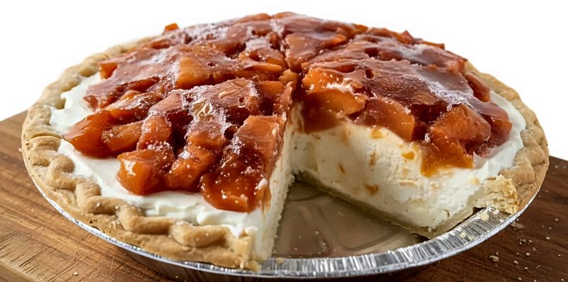 Peach ice-cream pie with a slice cut out, glossy peaches over a creamy filling in a crimped crust